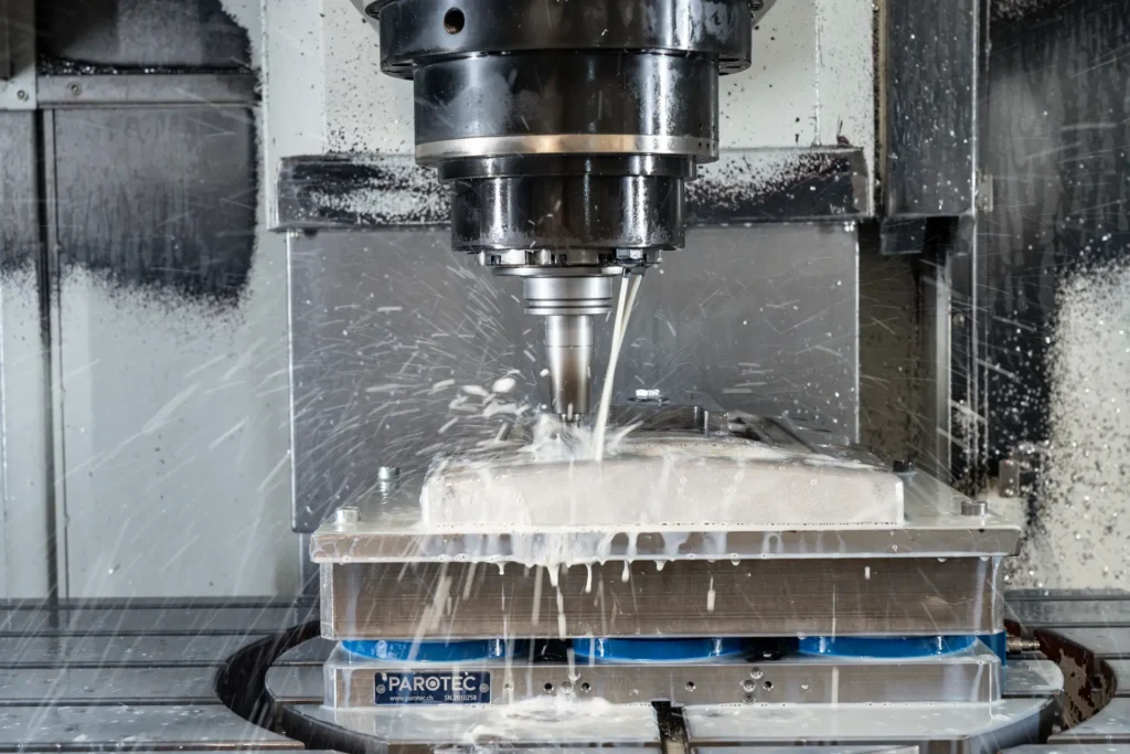 CNC milling process at a machining center during precision metal processing